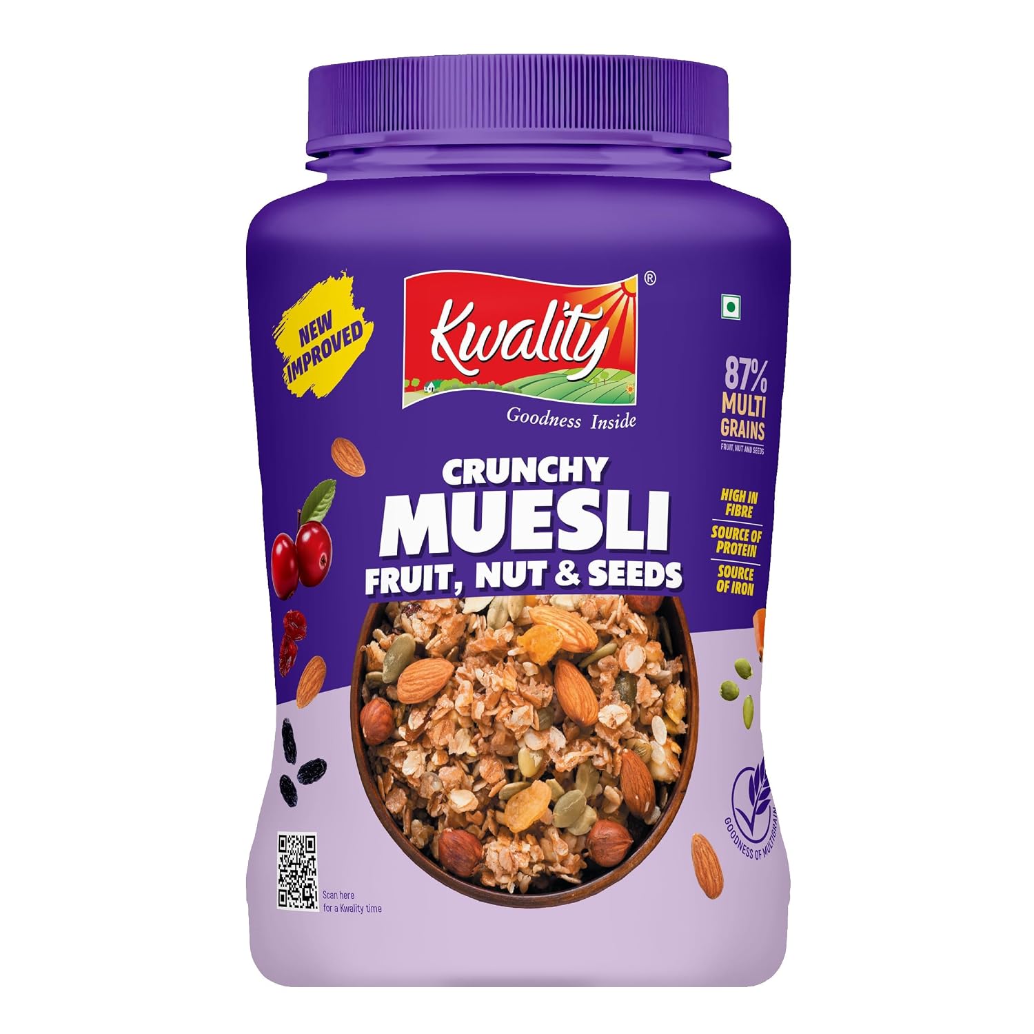 k KWALITY Muesli Fruit, Nut & Seeds 900g Jar, 87% Multi Grains, No Maida, Natural Source Of Vitamin & Iron, High In Protein & Fiber, Low Fat & Cholesterol, Healthy Breakfast Cereal